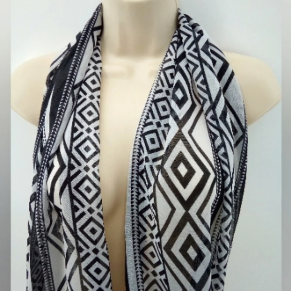 Retro Southwest Tribal Aztec Black White Infinity Sheer Scarf